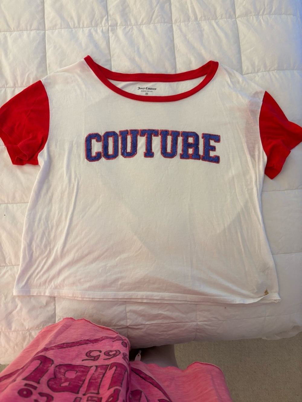 Juicy Couture White Tee with Red Raglan Sleeves and Blue Appliqué